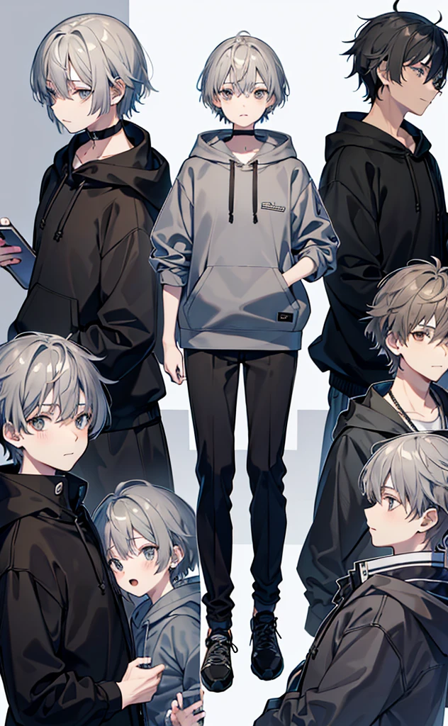 juvenile,Gray Hair,Grey Hoodie,Gray Eyes,Brown trousers,Technology,Brighter colors。individual,High Definition