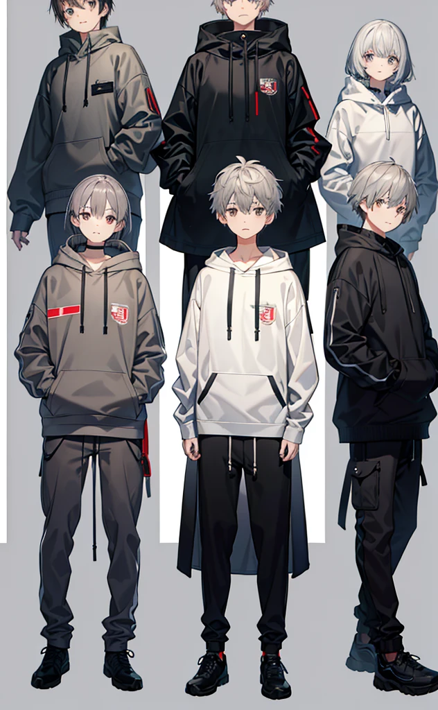 juvenile,Gray Hair,Grey Hoodie,Gray Eyes,Brown trousers,Technology,Brighter colors。individual,High Definition