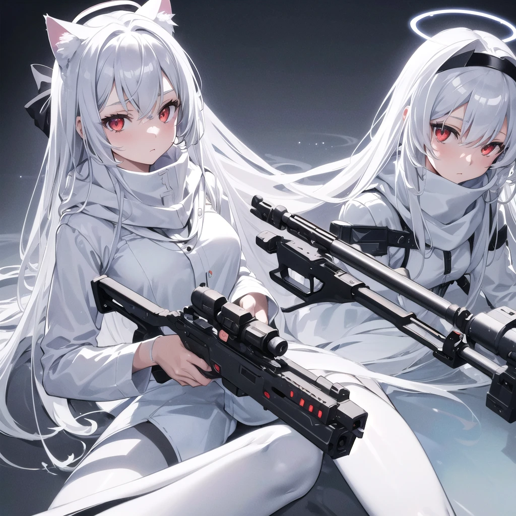 masterpiece, highest quality, highest resolution, clear_image, detailed details, White hair, long hair, cat ears, 1 girl, red eyes, white pantyhose, sci-fi military clothing, white scarf (with a light blue glow), gray futuristic halo (gray halo over the head), white wings, cute, no water marks, holding a rifle