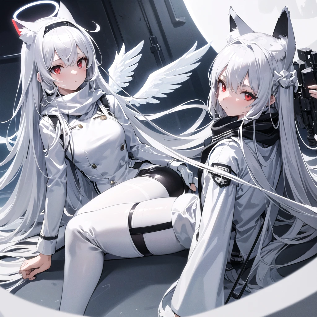 masterpiece, highest quality, highest resolution, clear_image, detailed details, White hair, long hair, cat ears, 1 girl, red eyes, white pantyhose, sci-fi military clothing, white scarf (with a light blue glow), gray futuristic halo (gray halo over the head), white wings, cute, no water marks, holding a rifle