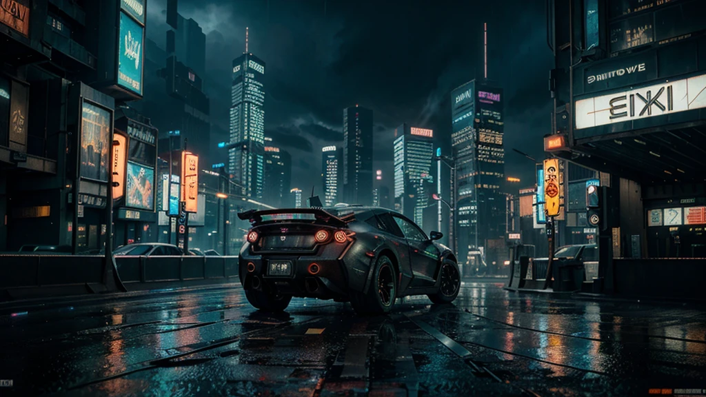 detailed cyberpunk city, futuristic sci-fi cityscape, neon lights,skyscrapers, flying cars, holographic billboards, dark and moody atmosphere, intricate architecture, detailed mechanical elements, heavy industrial machinery, glowing neon signs, rainy wet streets, moody dramatic lighting, cinematic camera angle, hyper-detailed, 8k, photorealistic, 3d render, concept art