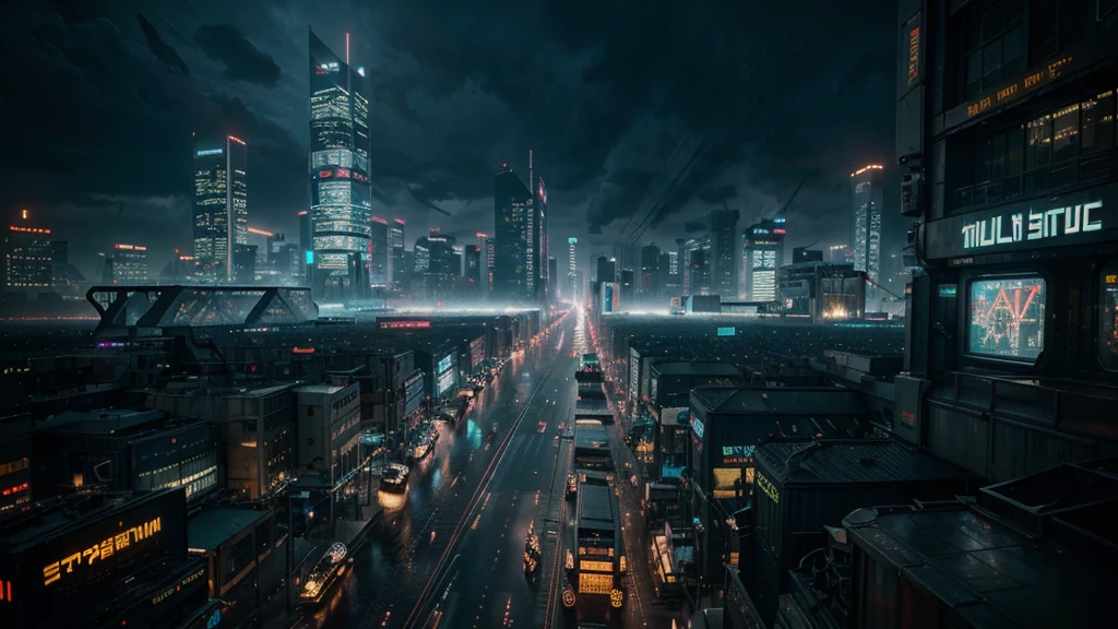 detailed cyberpunk city, futuristic sci-fi cityscape, neon lights,skyscrapers, flying cars, holographic billboards, dark and moody atmosphere, intricate architecture, detailed mechanical elements, heavy industrial machinery, glowing neon signs, rainy wet streets, moody dramatic lighting, cinematic camera angle, hyper-detailed, 8k, photorealistic, 3d render, concept art