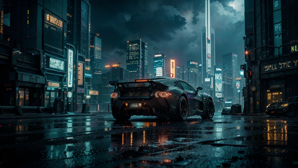 detailed cyberpunk city, futuristic sci-fi cityscape, neon lights,skyscrapers, flying cars, holographic billboards, dark and moody atmosphere, intricate architecture, detailed mechanical elements, heavy industrial machinery, glowing neon signs, rainy wet streets, moody dramatic lighting, cinematic camera angle, hyper-detailed, 8k, photorealistic, 3d render, concept art