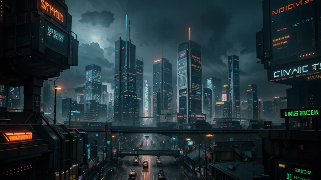 detailed cyberpunk city, futuristic sci-fi cityscape, neon lights,skyscrapers, flying cars, holographic billboards, dark and moody atmosphere, intricate architecture, detailed mechanical elements, heavy industrial machinery, glowing neon signs, rainy wet streets, moody dramatic lighting, cinematic camera angle, hyper-detailed, 8k, photorealistic, 3d render, concept art