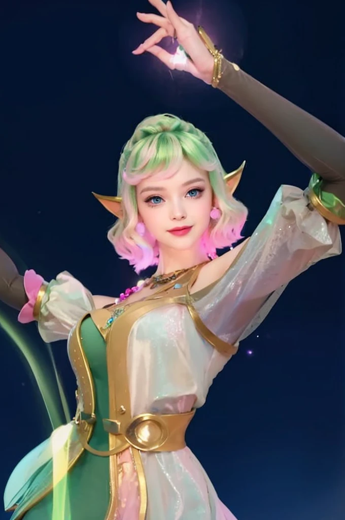 Portrait, beautiful mysterious woman with pink hair and a pink dress, wearing a large heart-shaped necklace, hourglass figure, symmetrical figure, highly detailed face, beautiful face, calming blue eyes, lush pink lips, smiling, alluring, flirting with camera, stunning digital illustration, mysterious quantum environment, cosmic elements and ethereal atmosphere