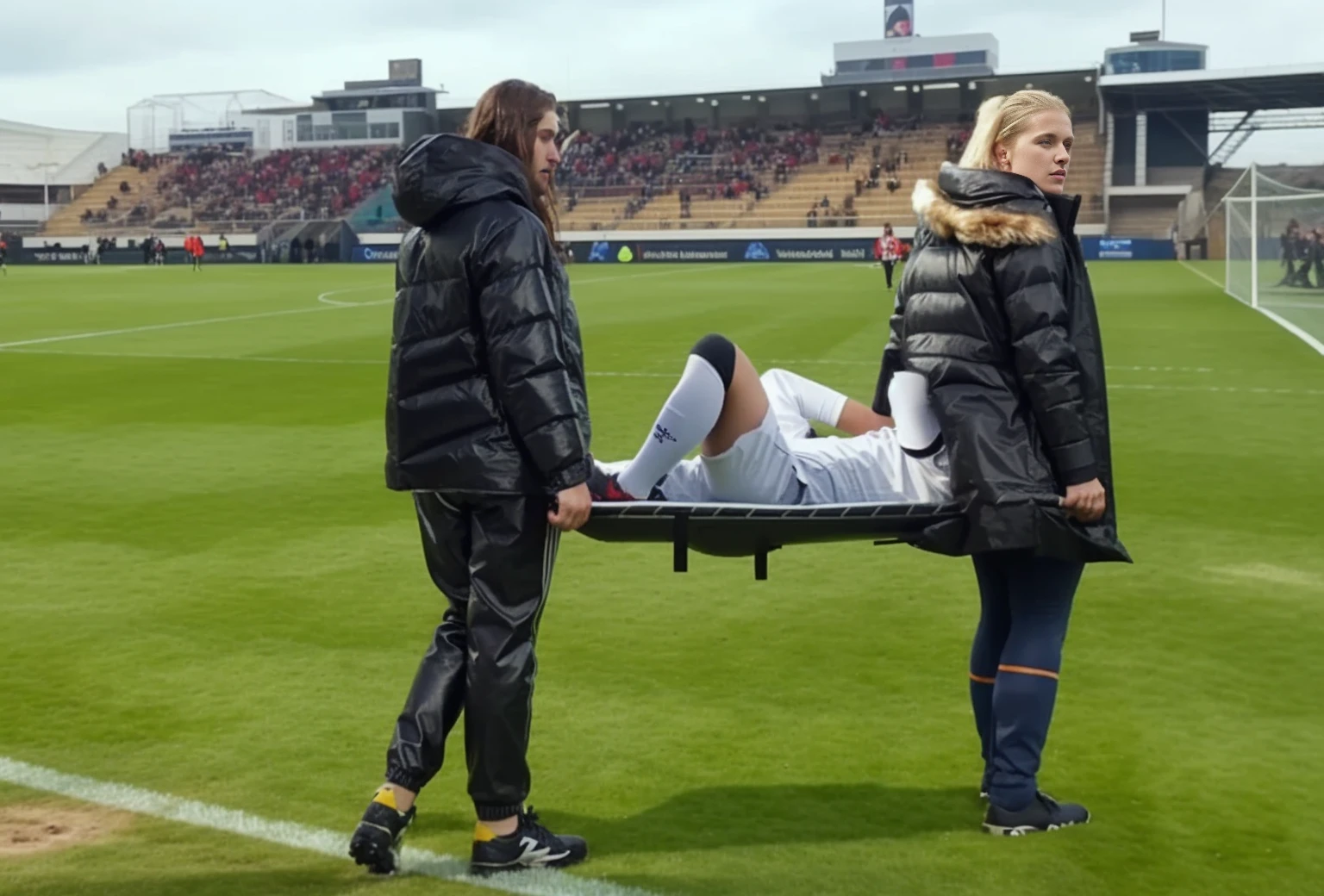 There are two madeup women I shiny and wetlook outfits carrying a stretcher on a sports ground, there is a slightly bearded and attractive young male sportsman lying injured on a stretcher with a very painful expression, there is a sportsman lying on his back on a stretcher and covers his painful looking face with his hands, there are women in wetlook laquered outerwear carrying a man on a stretcher in a sports stadium, there is a man on a stretcher being carried by two very madeup women, there is a bearded soccer-player lying on a stretcher, there is a soccer-player on a stretcher with his hands over his face, a soccer-player is lying on a stretcher and has put his hands over his face, soccer, football