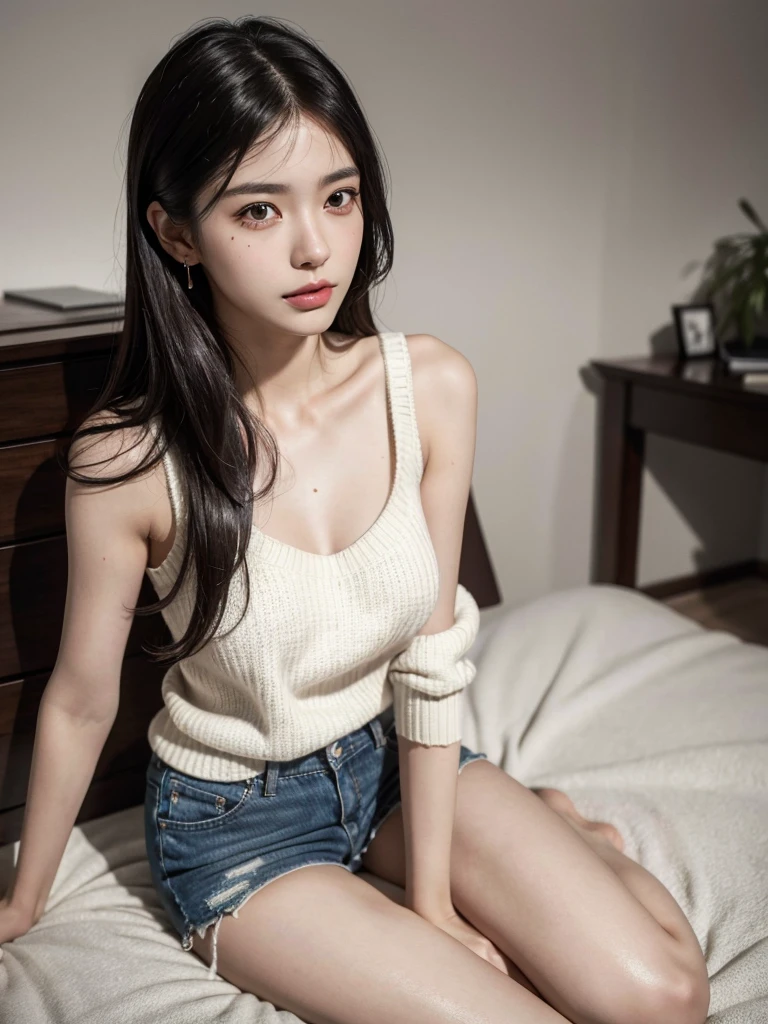 absurdres, RAW photo, extremely delicate and beautiful, masterpiece, Best Quality, ultra high resolution, 32k, hyperrealistic, ultra-detailed, perfect anatomy, super Detailed skin, perfect figure, Japanese woman, late 20s, very Slim body, narrow waist, very small head, handsome detailed woman, very detailed eyes and face, realistic face proportions, Stunning detailed eyes, Realistic beautiful face, very small face, Realistic small beautiful eyes, tearful mole, earring, beautiful and very thin legs, beautiful and very thin thighs, ((very huge round breasts)), medium hair, black hair, ((full body shot)), ((sweater)), sleeveless, shorts,