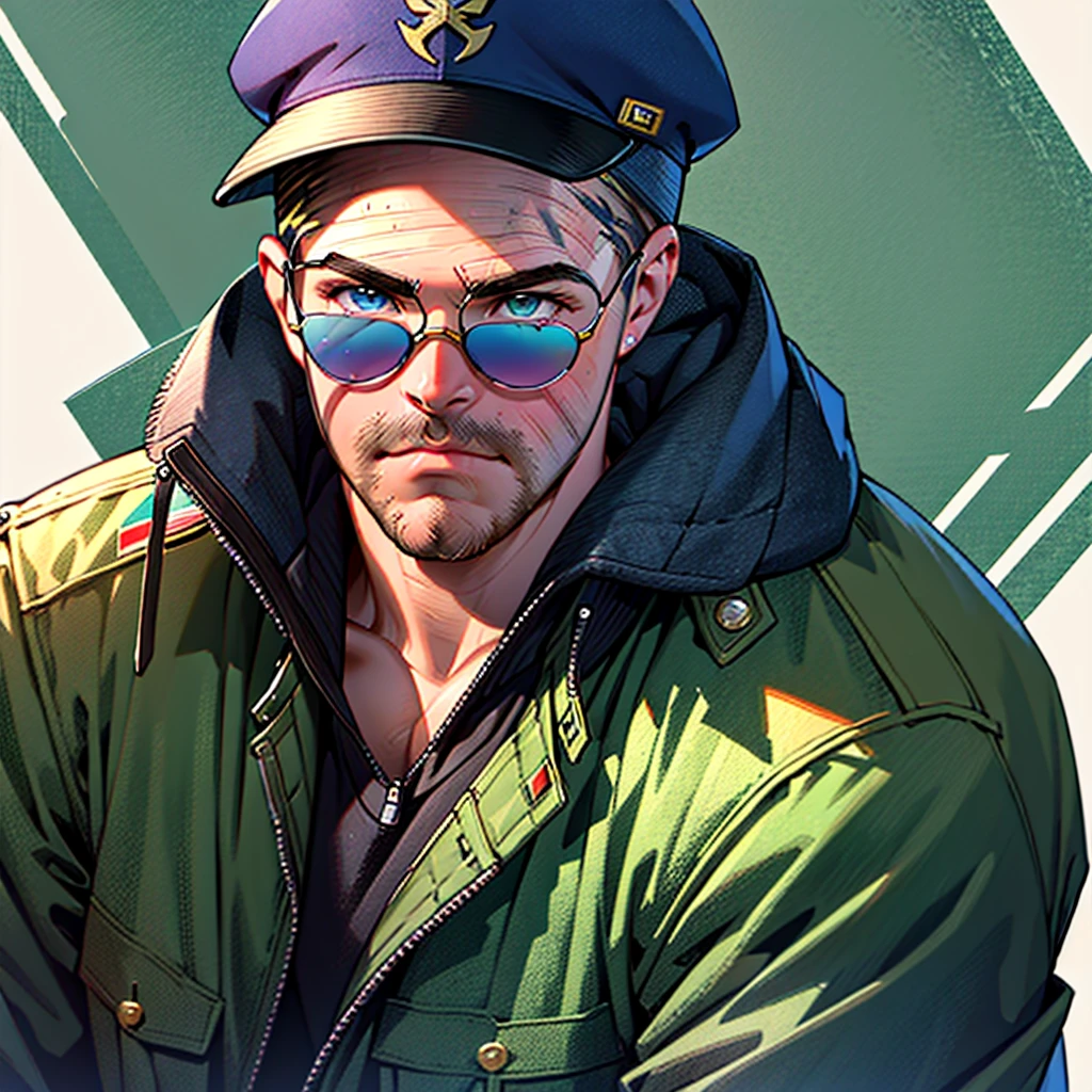 american_flag_print,(stephen-amell:1.6),dc_comIcs,portrait,bara,(masterpiece:1.4),(best quality:1.3),(high quality:1.2),(hi-res:1.2),(absurdres:1.3),extremely beautiful detailed face and eyes,1man,solo,looking at viewer,light smile,close-up,handsome,male focus,crew_cut,muscular male,sunglasses,(serious),gloom_(expression),bangs,beard,stubble,mustache,manly,short hair,facial hair,formal,military,military_uniform,military_hat,military_jacket,military_coat,uniform,military camp,military_vehicle,gentle,fatherly,mature male,colorful,gentleman,