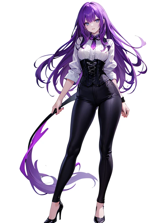 purple,long hair,woman,Shirt with rolled up sleeves,(corset),pants,high heels,,simple background,smile,whole body,full body,full body,Standing picture,vtuber,upright,,Standing upright with face and body facing forward,