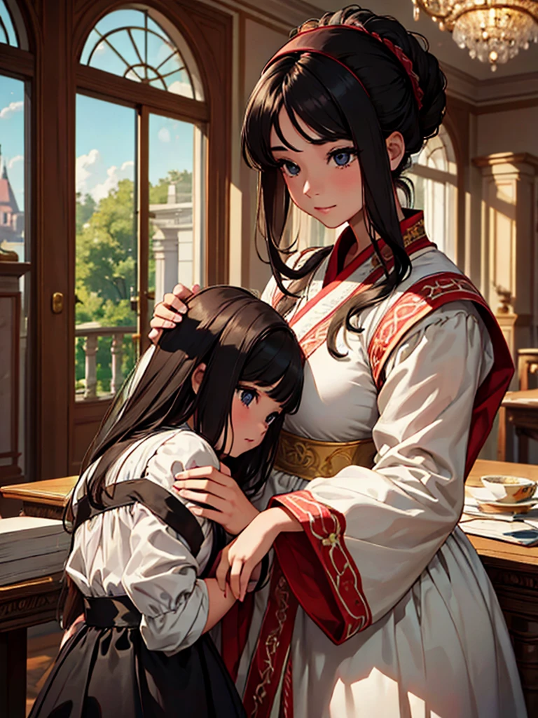 (​masterpiece、top-quality、hight resolution、Unity 8k Wallpaper、extremely details CG:1), An illustration depicting a typical day in a wealthy aristocratic mansion, featuring a young elementary school-aged girl and her devoted nursemaid, who has now become her personal maid. The young lady is dressed in an elegant, classic aristocratic outfit, reflecting her privileged upbringing. The nursemaid-turned-maid is dressed in a traditional maid uniform, appearing both nurturing and professional. They are seen engaging in everyday activities within the opulent surroundings of the mansion, such as the grand living room with luxurious furnishings, large windows with heavy drapes, and a lavish garden visible outside. The scene captures the close bond and care between the young girl and her maid in a sophisticated yet warm atmosphere.