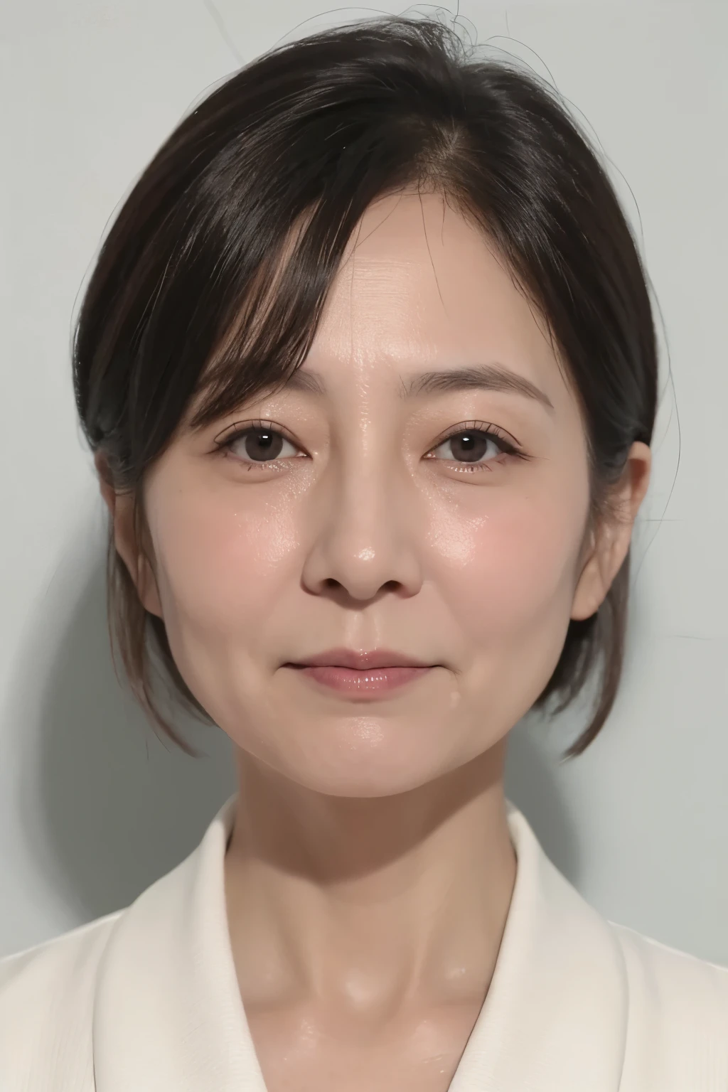 politician、50 year old grandma、Front of face、White formal attire、Light from the front、short hair、Japanese、Facial wrinkles、ID photo、Narrow eyes