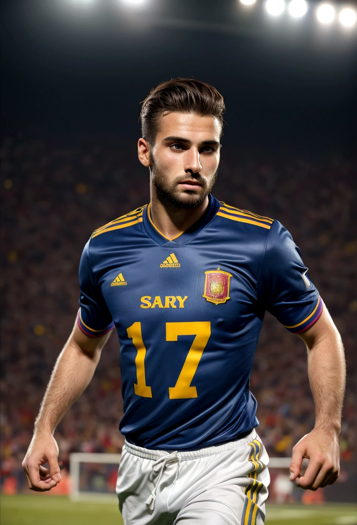 Best quality,ultra detailed,realist:1.37,Handsome man from Spain,Beautiful face,detailed eyes,unshaven, happy and emotional face, elegant hair, active posture in movement, runs after the ball, scores a goal, In a good condition,professional,model appearance,bright colors,studio lighting,warm colors,Half:portrait、Spain national football team jersey、30 year old man, Best quality, masterpiece, super high resolution, detailed background, Realism, 1 guy, soccer field, Muscles, volumetric lighting, depth of field, whole body, facial hair, football player, scores a goal, full length