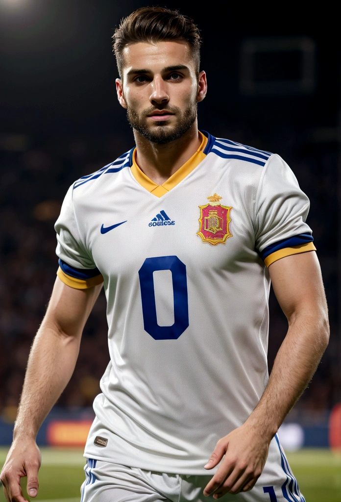 Best quality,ultra detailed,realist:1.37,Handsome man from Spain,Beautiful face,detailed eyes,unshaven, happy and emotional face, elegant hair, active posture in movement, runs after the ball, scores a goal, In a good condition,professional,model appearance,bright colors,studio lighting,warm colors,Half:portrait、Spain national football team jersey、30 year old man, Best quality, masterpiece, super high resolution, detailed background, Realism, 1 guy, soccer field, Muscles, volumetric lighting, depth of field, whole body, facial hair, football player, scores a goal, full length
