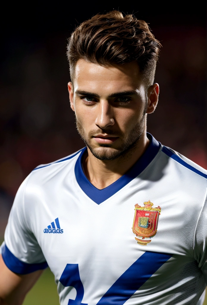 Best quality,ultra detailed,realist:1.37,Handsome man from Spain,Beautiful face,detailed eyes,unshaven, happy and emotional face, elegant hair, active posture in movement, runs after the ball, scores a goal, In a good condition,professional,model appearance,bright colors,studio lighting,warm colors,Half:portrait、Spain national football team jersey、30 year old man, Best quality, masterpiece, super high resolution, detailed background, Realism, 1 guy, soccer field, Muscles, volumetric lighting, depth of field, whole body, facial hair, football player, scores a goal, full length