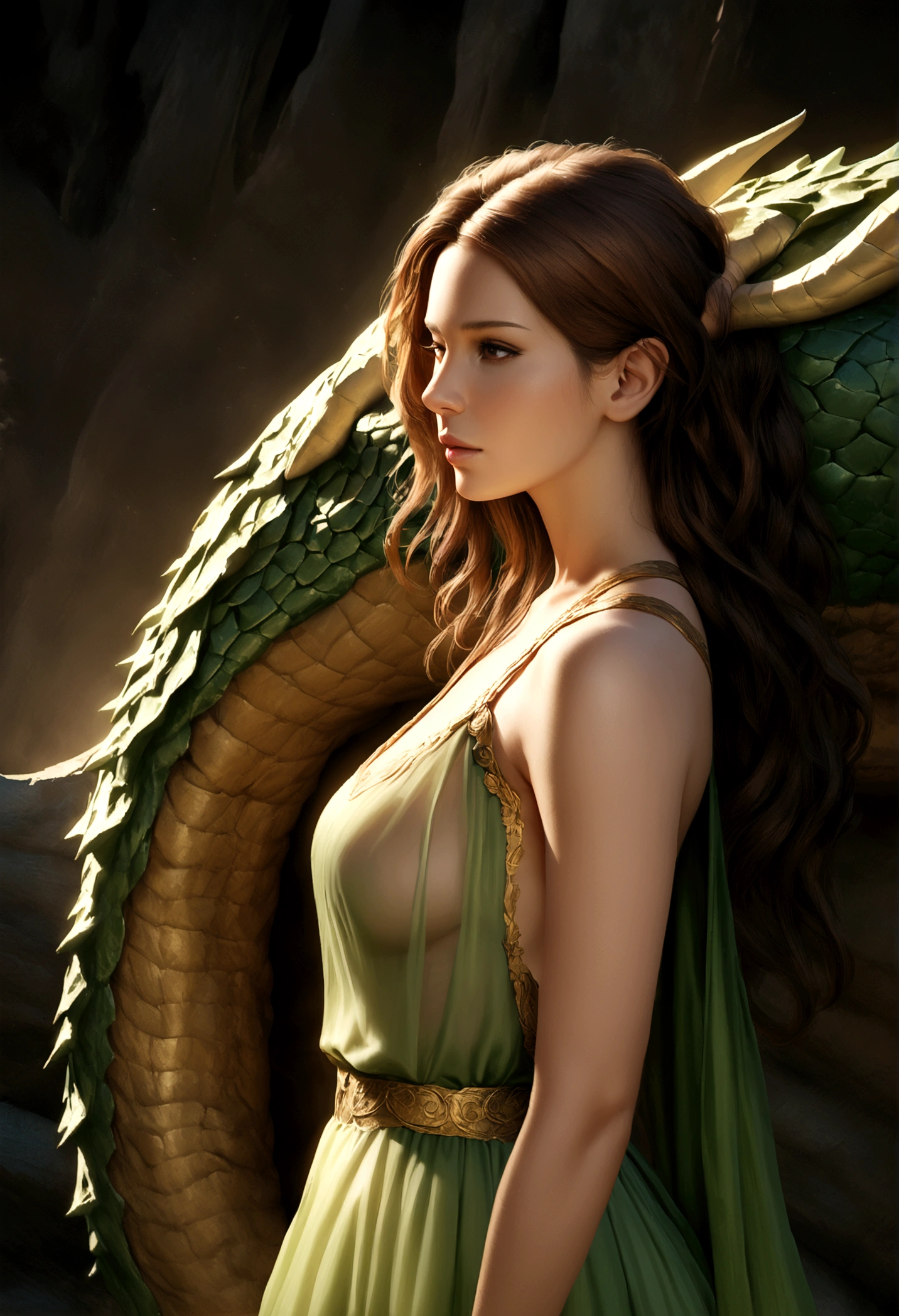 a beautiful woman with long brown hair in a sheer green dress with gold trim, nude underneath, seductively scratching the head of a large dragon in its lair, photorealistic, 8k, highly detailed, dramatic lighting, realistic skin textures, cinematic composition, fantasy, elegant, mystical, serene