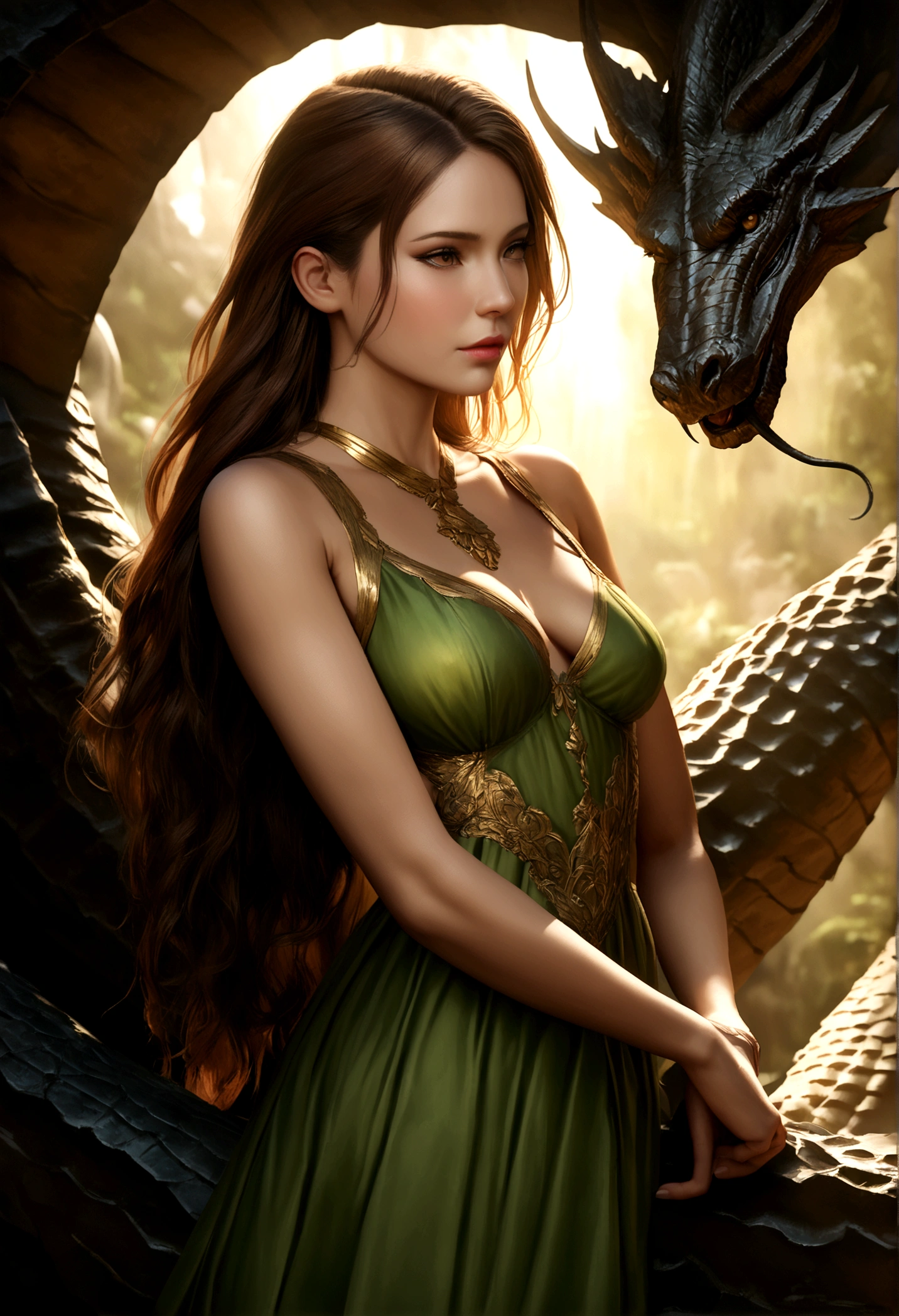 a beautiful woman with long brown hair in a sheer green dress with gold trim, nude underneath, seductively scratching the head of a large dragon in its lair, photorealistic, 8k, highly detailed, dramatic lighting, realistic skin textures, cinematic composition, fantasy, elegant, mystical, serene