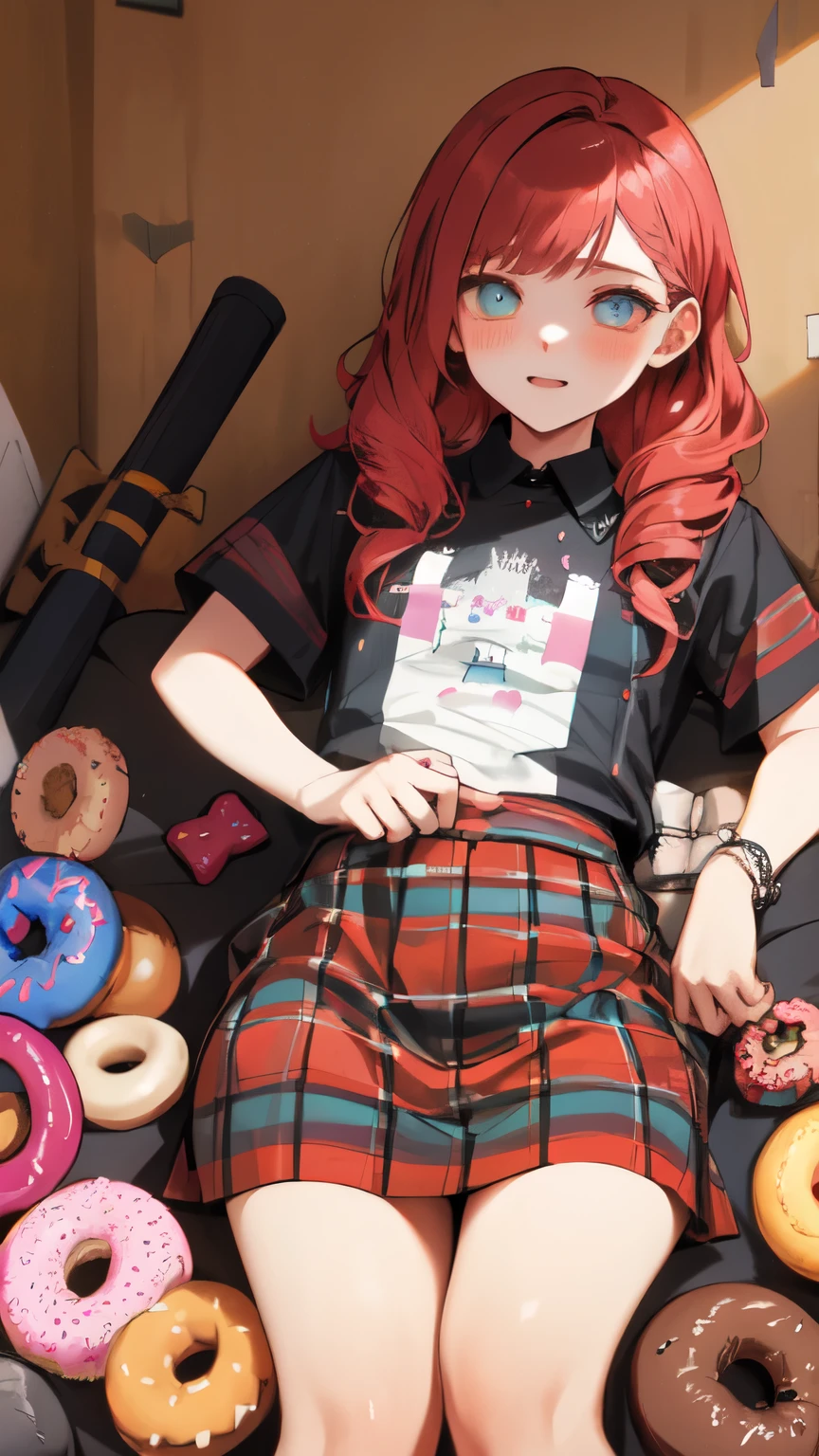 A young lady surrounded by hundreds of different kinds of donuts, squashed in fluffy cushions, colorful, detailed eyes of the young lady, fashionable patchwork shirt and skirt, curly hair style