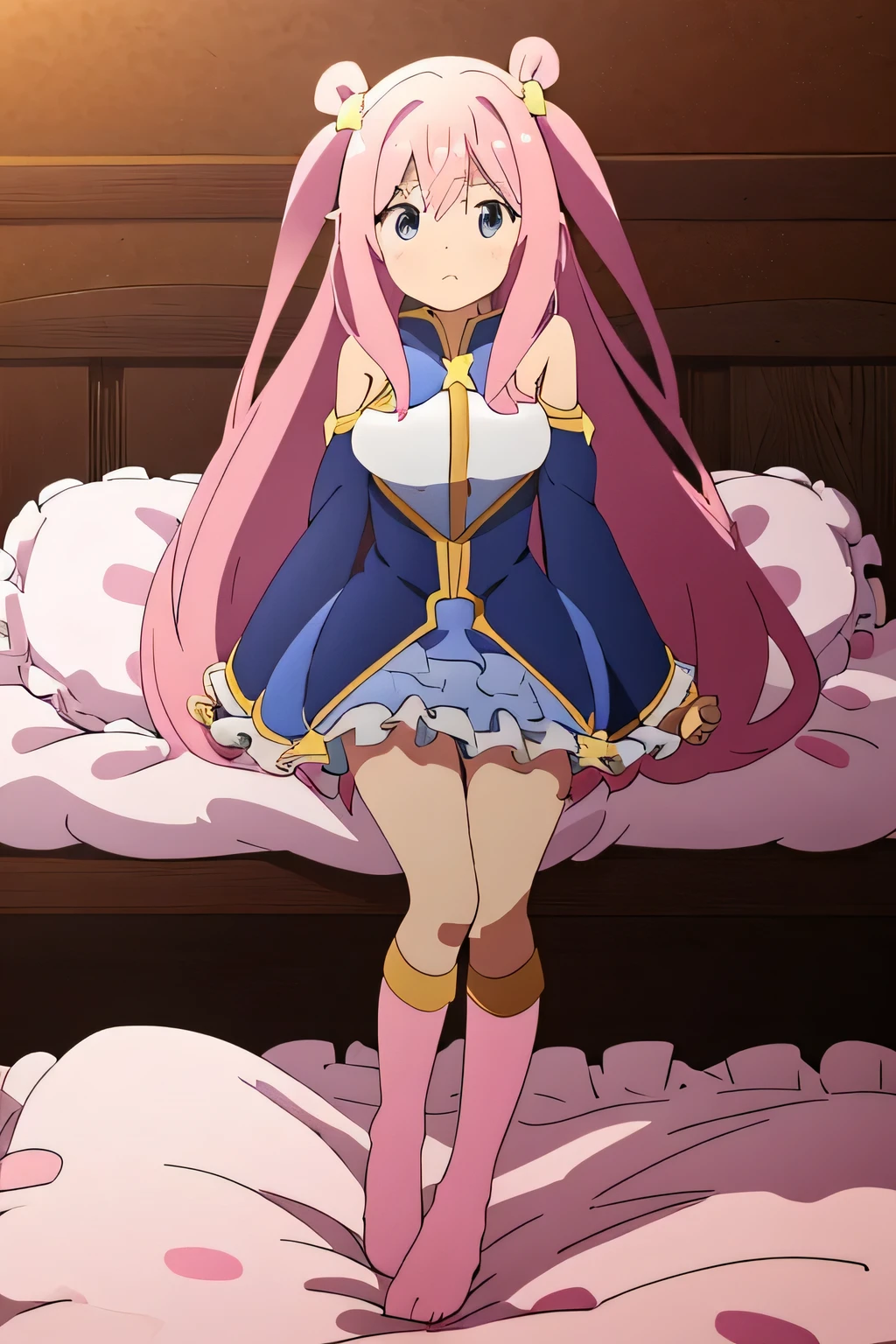 (best quality, masterpiece) , a girl standing on the top of a pillow, details, full body,(Light and shadow oxtail) , Cute girl posing on pillow ,Pillow,(Gorgeous pattern pillow),luxurious pillow, standing, standing on a pillow, long hair, frilled pillow , ((pink pillow)) standing on a soft object, pillow on the floor, standing pose on pillow, on pillow, pillow damage, feet on pillow, stepping pillow, stepping on the top of a pillow, stomping on a pillow, hatsune (princess connect)