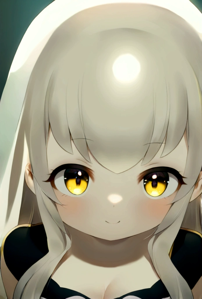 ((Highest quality)), ((masterpiece)), ((Very detailed)), (Very mature),A cute high school girl with a gentle look, white hair and about 165cm tall.,A female high school student with big breasts and a cute smile wearing a transparent black waifus with a cute patterned hood that shows off her shoulders, 顔が若干縦方向に長いbright笑顔の女性,Small Faced Woman,alone, Cute attitude,(background(bright),Long Hair - Straight,Knee-high socks、A transparent white veil with a cute pattern and a hood with white off-the-shoulders,White wall、Sitting、Facing the viewer、縁に模様がある壁が1面のbackground