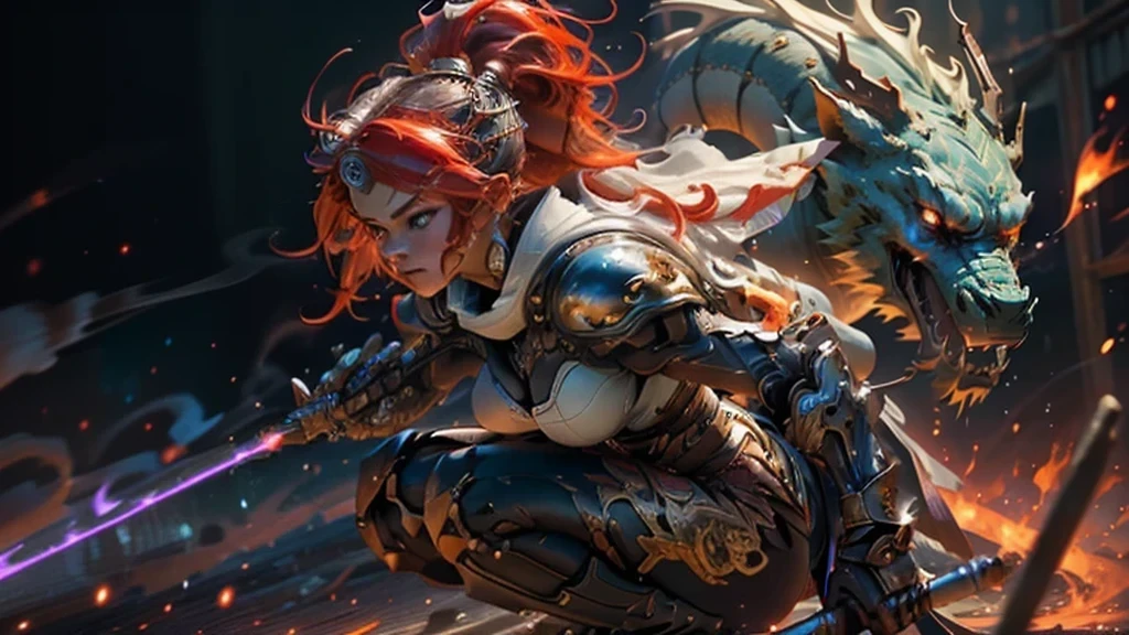 add a fierce dragon facing the opposite direction watching her back, ready for battle, add some enemy rounds incoming as well