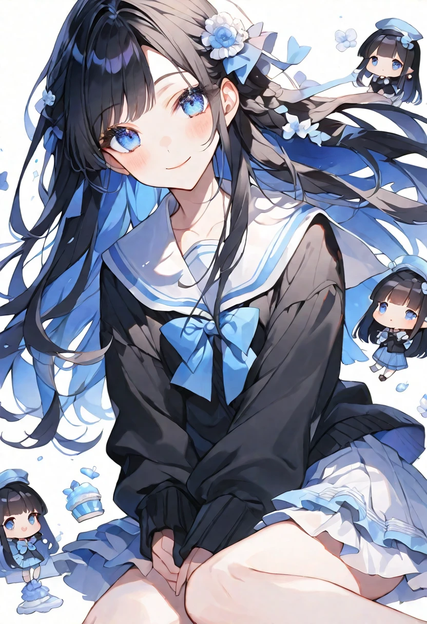 独奏, handsome, Watercolor 1. Female, Hime cut ,Straight long hair,black Hair, blue eyes＆Soft look ,Lolita,18 years old,Sailor suit,black cardigan,sweater,skin,sexly,smile,Mini character,1/2,White background
