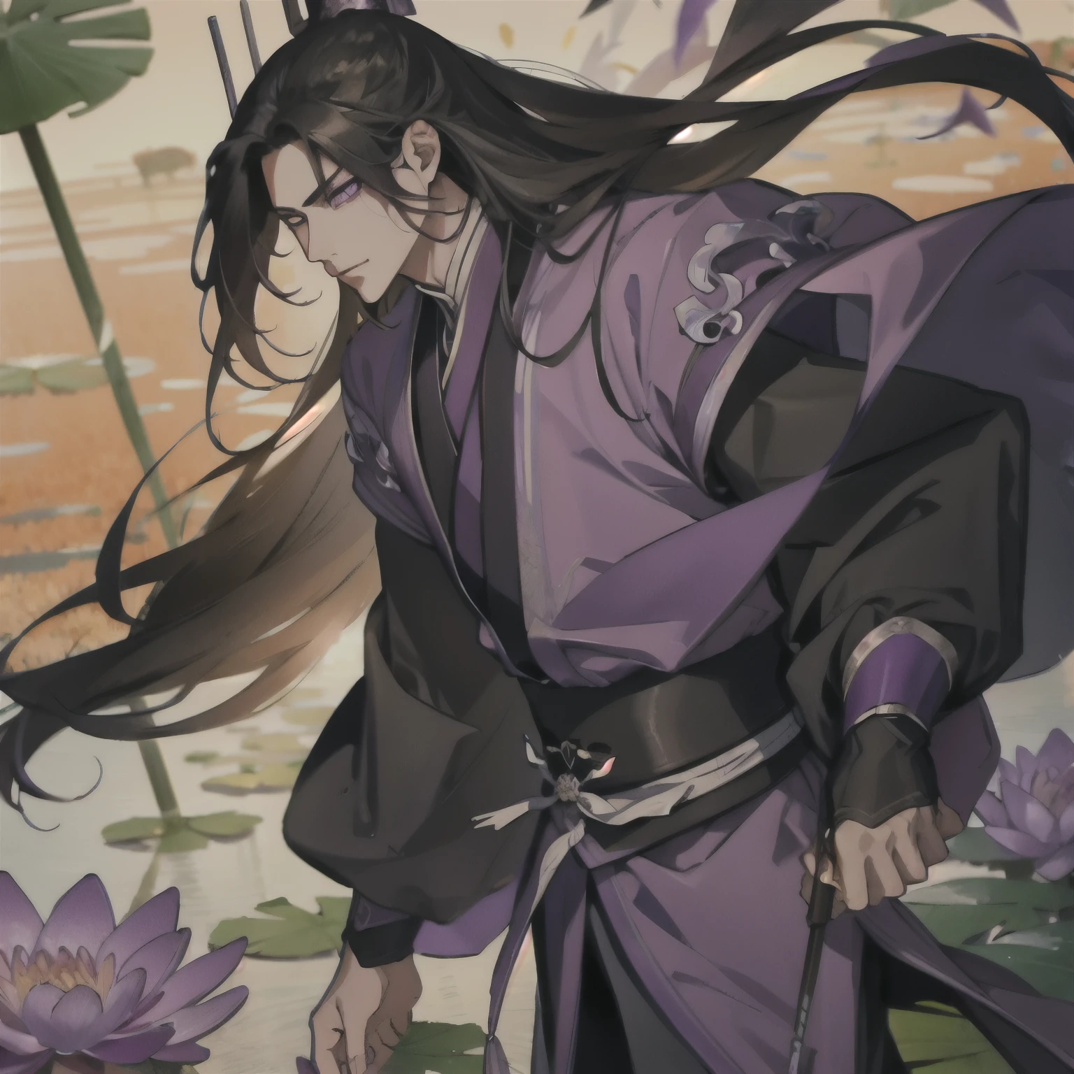 (masterpiece, best quality:1.2), 1male, solo, jiang cheng, mo dao zu shi, mdzs, purple and black clothes, purple eyes, long black hair, perfect anatomy, full body, water lily