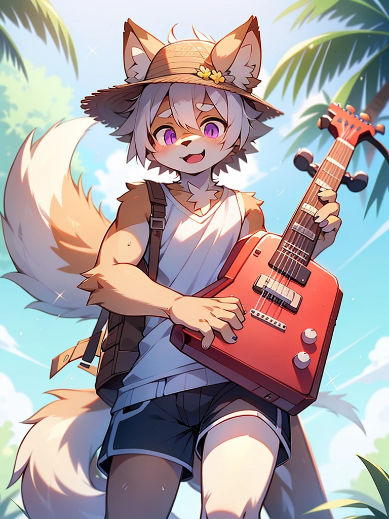 solo person，shaggy male，hairy bodies，shoun，coyote，canid，Gray fur，long  white hair，The ends of the hair are purple，Purple eye，Bullied，adolable，Handsome，large tail，full bodyesbian，plays the guitar，Summer vest，Summer shorts，Straw Hat Hat，freshen，rays of sunshine，with dynamism ，Happy expression，ssmile