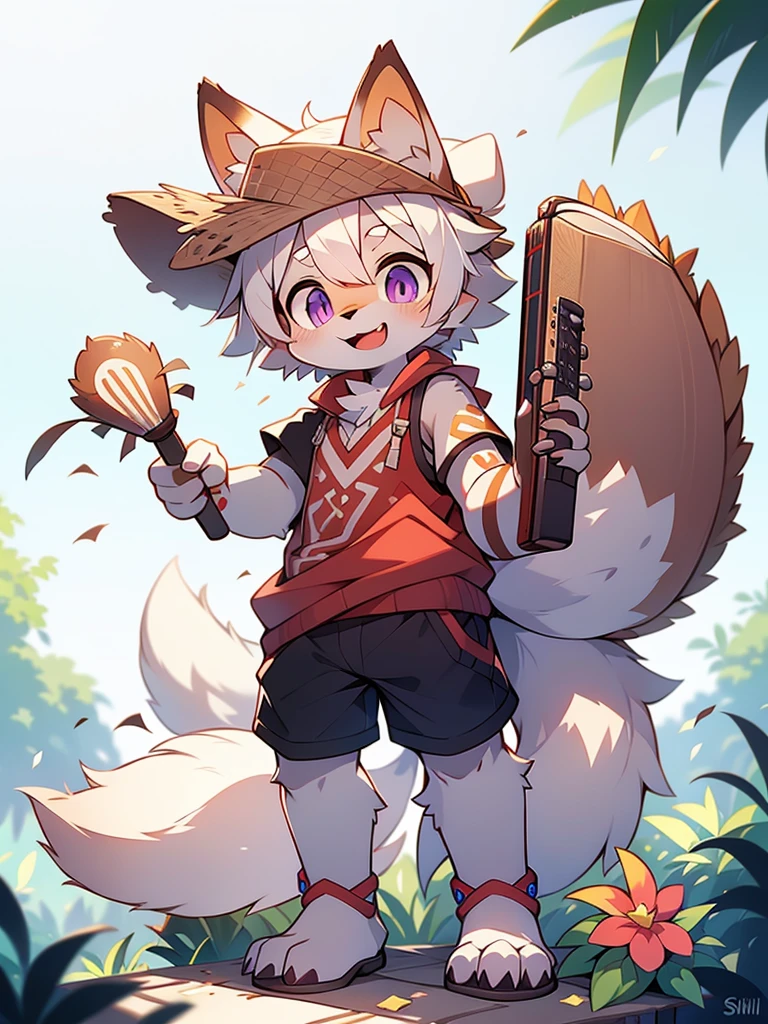 solo person,shaggy male,hairy bodies,shoun,coyote,canid,Gray fur,long white hair,The ends of the hair are purple,Purple eye,Bullied,adolable,Handsome,large tail,full bodyesbian,plays the guitar,Summer vest,Summer shorts,Straw Hat Hat,freshen,rays of sunshine,with dynamism ,Happy expression,ssmile