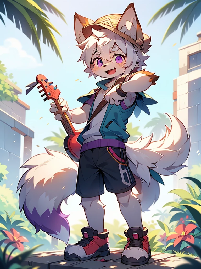 solo person，shaggy male，hairy bodies，shoun，coyote，canid，Gray fur，long  white hair，The ends of the hair are purple，Purple eye，Bullied，adolable，Handsome，large tail，full bodyesbian，plays the guitar，Summer vest，Summer shorts，Straw Hat Hat，freshen，rays of sunshine，with dynamism ，Happy expression，ssmile