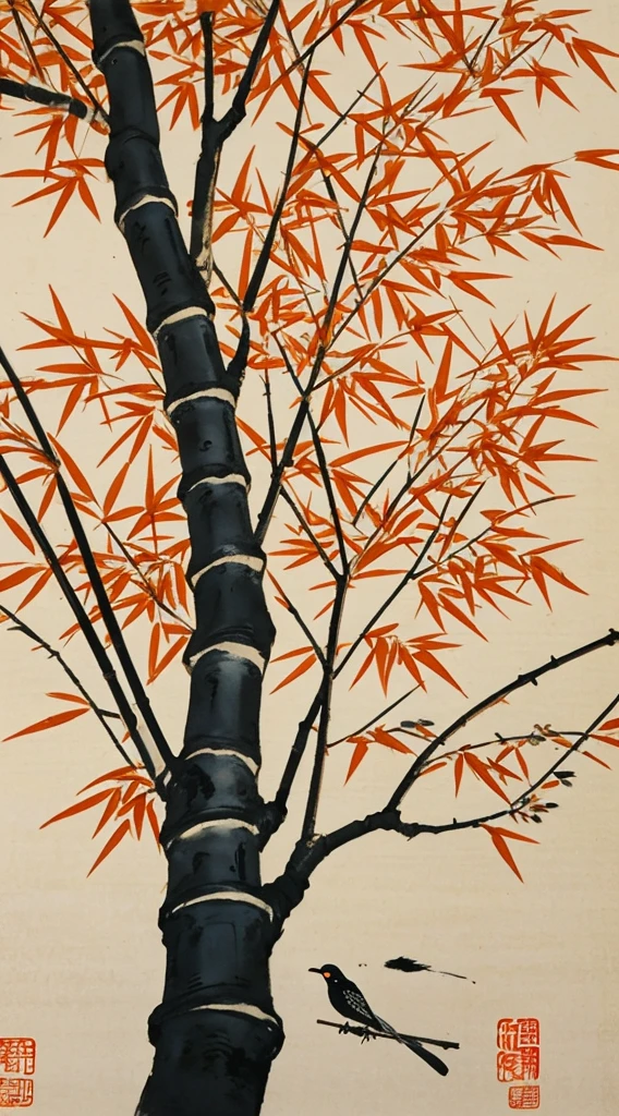 shukezouma, shuimobysim, ((starling)), willow branches, (masterpiece, best quality: 1.2), ((Traditional Chinese ink painting)), model style, bamboo branches, bamboo, wuchangshuo, red, orange, black, fire, starling, bird
