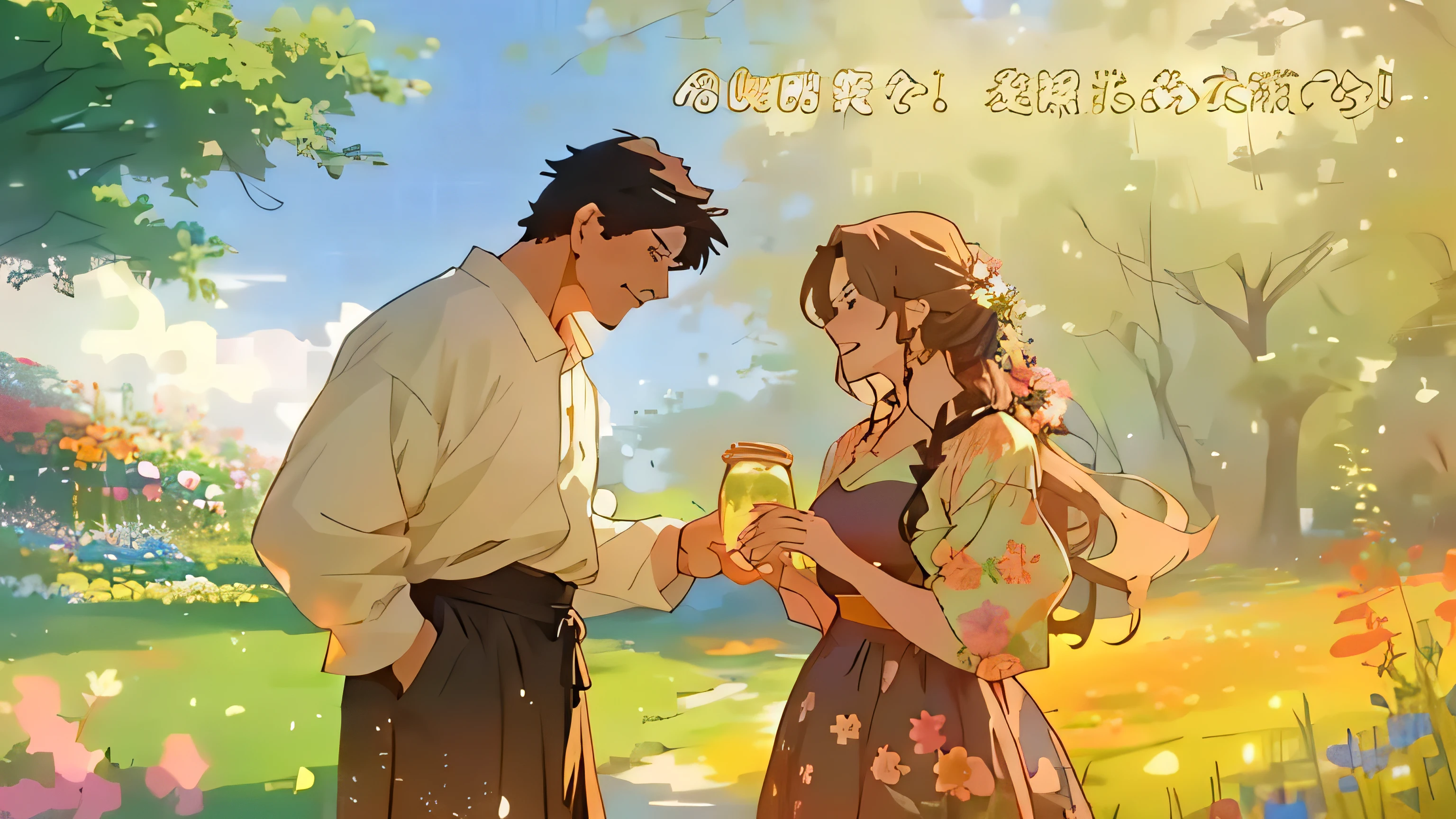 A pair of middle-aged anime characters in the flowers，The middle-aged woman on the right holds a glass jar，The middle-aged man on the left holds the woman&#39;s hand，And add a sentence, artwork in the style of Gu Weiss, Gu Weiss, ( ( Shinkai Makoto ) ), High-quality fanart, author：Yang J, Popular on cgstation, Official Fanart, by Zou Zhe, author：Ye Xin, Gu Weiss and Shinkai Makoto, author：Li Song，Clear profile