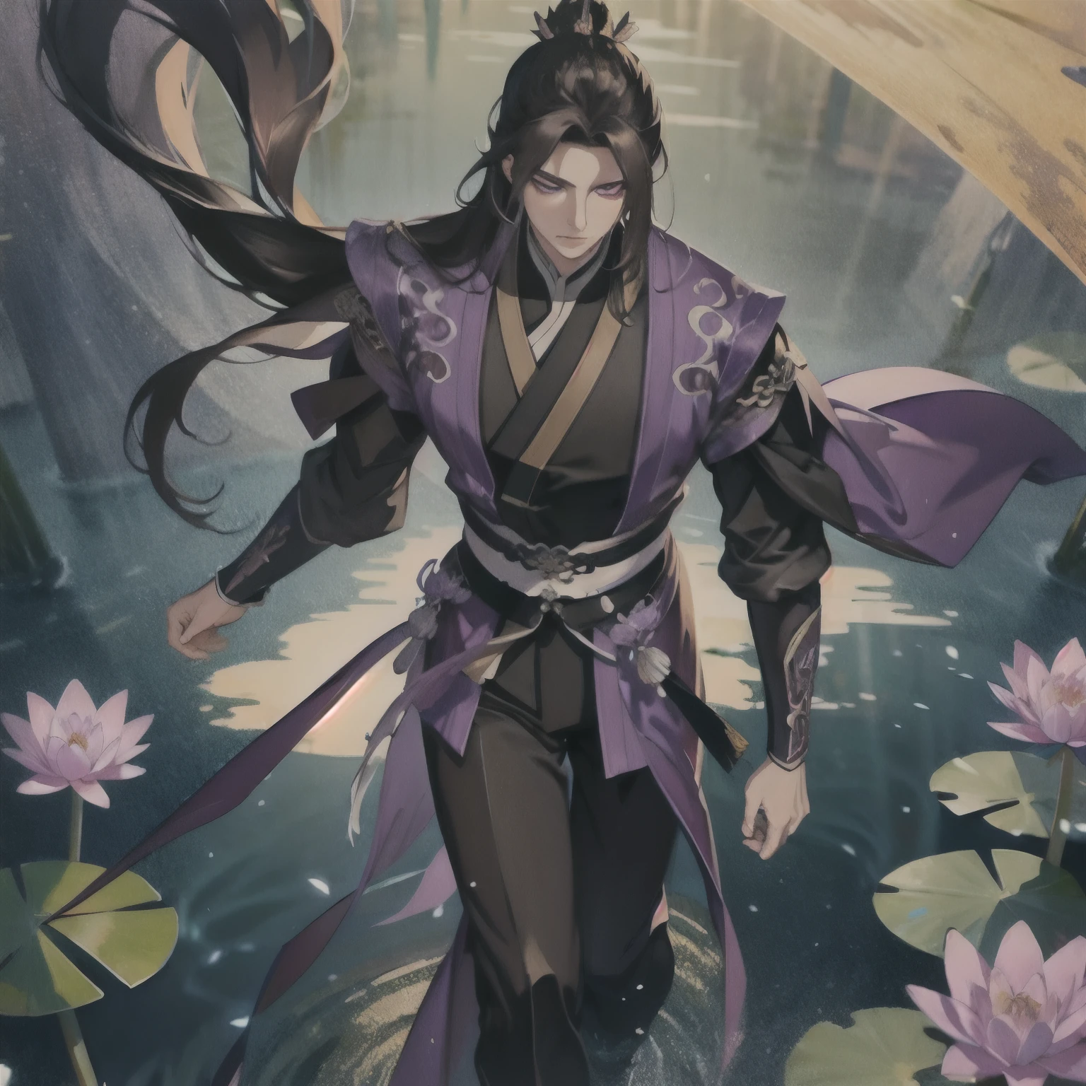 (masterpiece, best quality:1.2), 1male, solo, jiang cheng, mo dao zu shi, mdzs, purple and black clothes, purple eyes, long black hair, perfect anatomy, full body, water lily