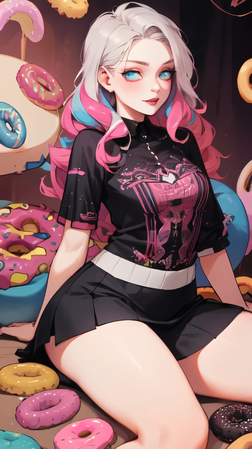 A young lady surrounded by hundreds of different kinds of donuts, squashed in fluffy cushions, colorful, detailed eyes of the young lady, fashionable patchwork shirt and skirt, curly hair style