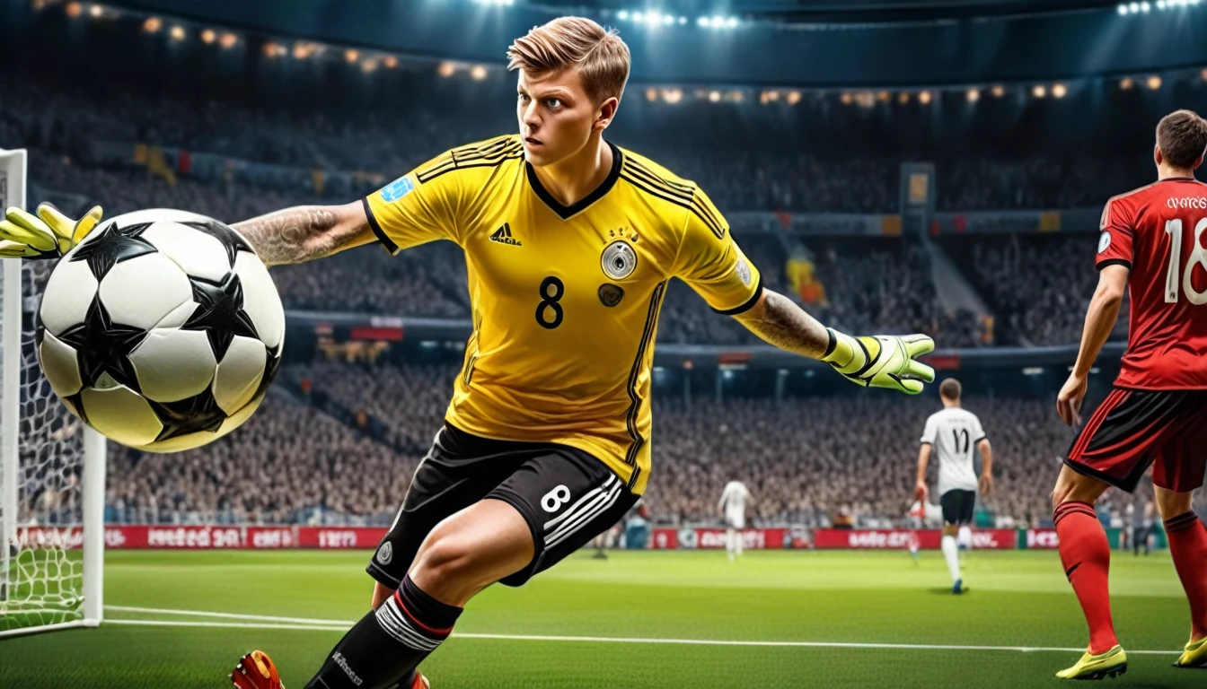 a photorealistic image of Toni Kroos, wearing jersey number 8, shooting a penalty kick into the goal, goalkeeper tries to fetch the ball, german flag on jersey, (best quality,4k,8k,highres,masterpiece:1.2),ultra-detailed,(realistic,photorealistic,photo-realistic:1.37),studio lighting,extremely detailed face and eyes,extremely detailed jersey,extremely detailed goalkeeper,extremely detailed soccer ball,dramatic lighting,dynamic pose,ultra-fine painting,sharp focus,physically-based rendering,professional,vivid colors,cinematic composition