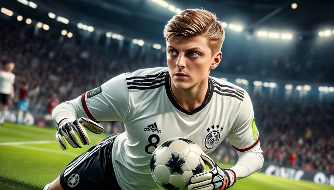 a photorealistic image of Toni Kroos, wearing jersey number 8, shooting a penalty kick into the goal, goalkeeper tries to fetch the ball, german flag on jersey, (best quality,4k,8k,highres,masterpiece:1.2),ultra-detailed,(realistic,photorealistic,photo-realistic:1.37),studio lighting,extremely detailed face and eyes,extremely detailed jersey,extremely detailed goalkeeper,extremely detailed soccer ball,dramatic lighting,dynamic pose,ultra-fine painting,sharp focus,physically-based rendering,professional,vivid colors,cinematic composition