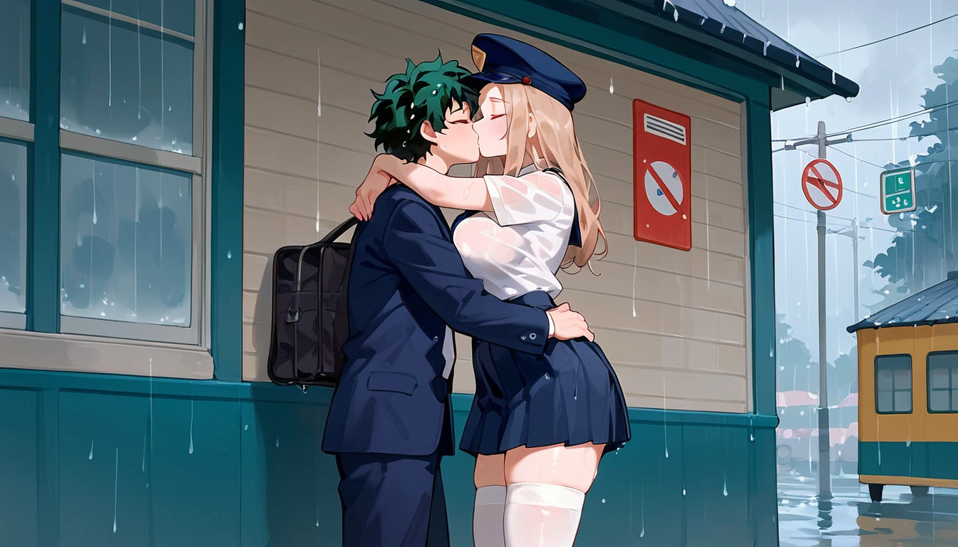 anime artwork, score_9, score_8_up, score_7_up, score_6_up, score_5_up, score_4_up, r,Camie Utsushimi, light brown hair, dark brown eyes,, breasts, , big breasts, (school uniform:1.2), standing, cap, she is 24 years old, wet whirt, ,horny, , , white stockings, style_3, 1boy, Izuku Midoriya, kissing, at the bus stop, outdoors, raining, blush, wet, dark atmoshpere, closed eyes, They are completely soaked, evening, gaps in the clouds, his hands on her hips