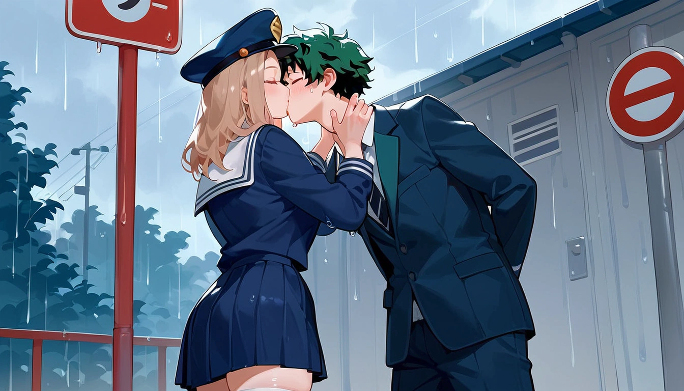 anime artwork, score_9, score_8_up, score_7_up, score_6_up, score_5_up, score_4_up, r,Camie Utsushimi, light brown hair, dark brown eyes,, breasts, , big breasts, (school uniform:1.2), standing, cap, she is 24 years old, wet whirt, ,horny, , , white stockings, style_3, 1boy, Izuku Midoriya, kissing, at the bus stop, outdoors, raining, blush, wet, dark atmoshpere, closed eyes, They are completely soaked, evening, gaps in the clouds, his hands on her hips