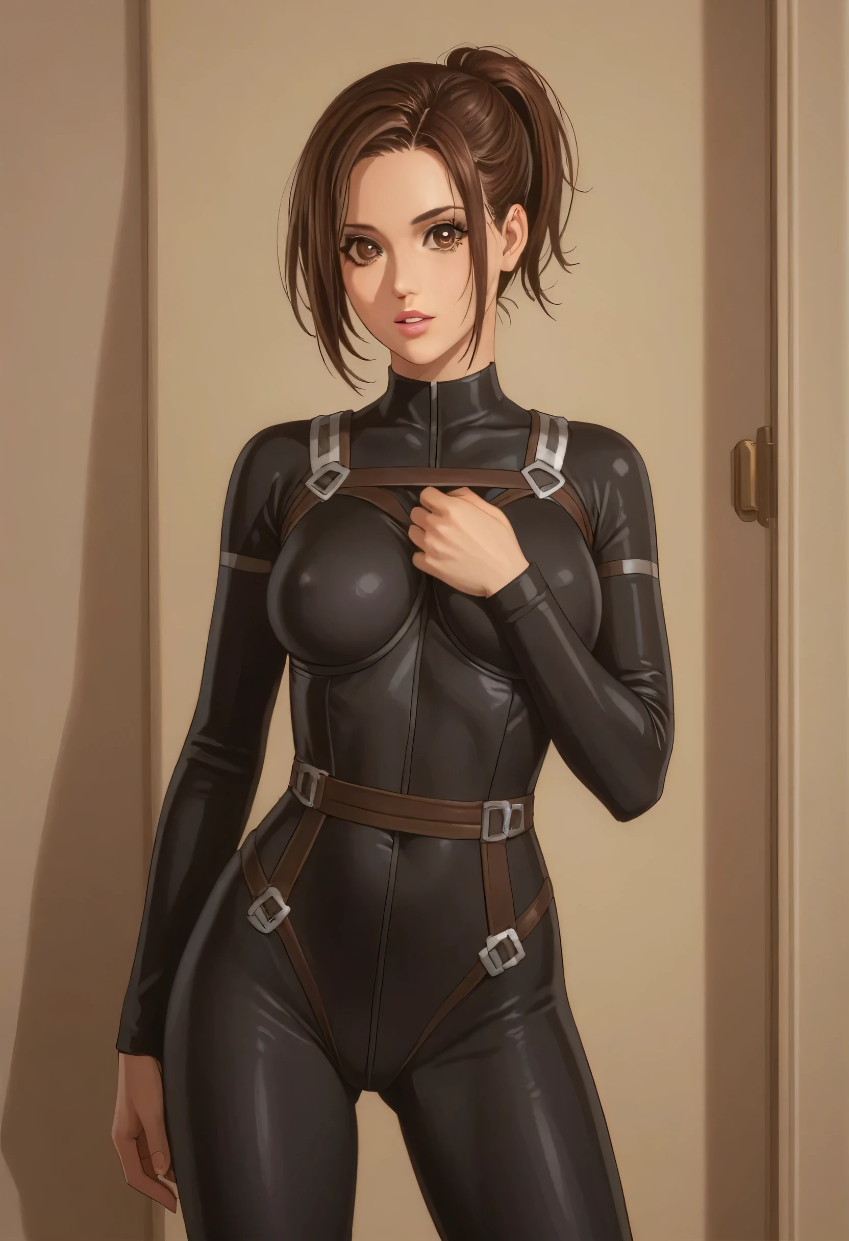 score_9_up, score_8_up, score_7_up, 1girl, solo, mature female, Sasha, looking at viewer, brown ponytail hair, brown eyes, pink lips, parted lips, fit slim body, perfect medium erected breast, (((black tight suit))), (((private jet interior))), perfect model body, standing with raised hands