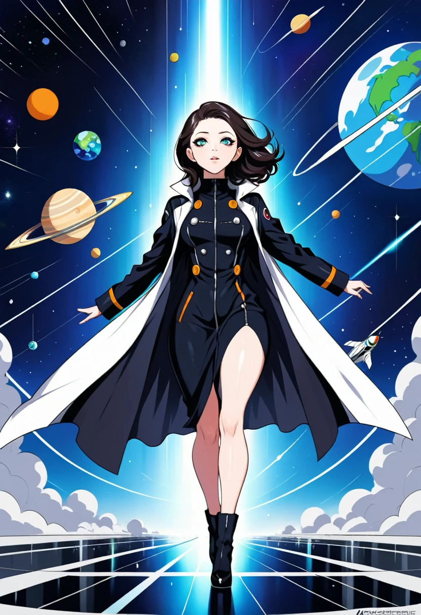 ((tmasterpiece)), hiquality, Ultra-detailed, (young Michelle Trachtenberg ), In a long black raincoat, Futurism, Space, (in the style of KAAN), 8K, the best illustration, graceful, Proper anatomy of the body, hight resolution, Dynamic perspective, Dynamic posture,