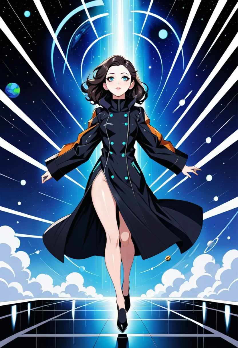 ((tmasterpiece)), hiquality, Ultra-detailed, (young Michelle Trachtenberg ), In a long black raincoat, Futurism, Space, (in the style of KAAN), 8K, the best illustration, graceful, Proper anatomy of the body, hight resolution, Dynamic perspective, Dynamic posture,