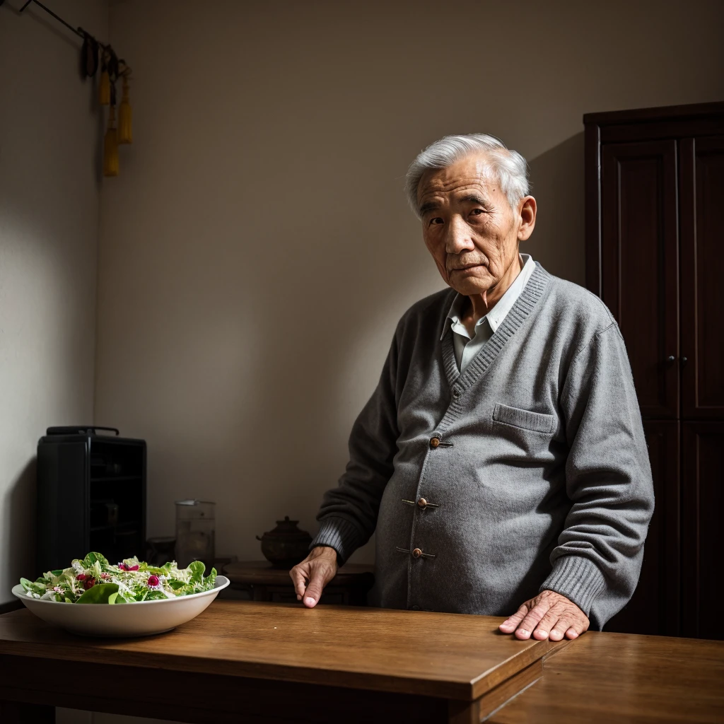 Medium-sized display, Medium shot, Written border depth, Break, Upper Body, angle, masterpiece, angle, (RAW photos, best quality), best quality, Very detailed, CG, 8k wallpaper, Vicissitudes, Older male protagonist，Chinese elderly，80 years old，male，Solitary, Divide salad, Look directly at the audience, front