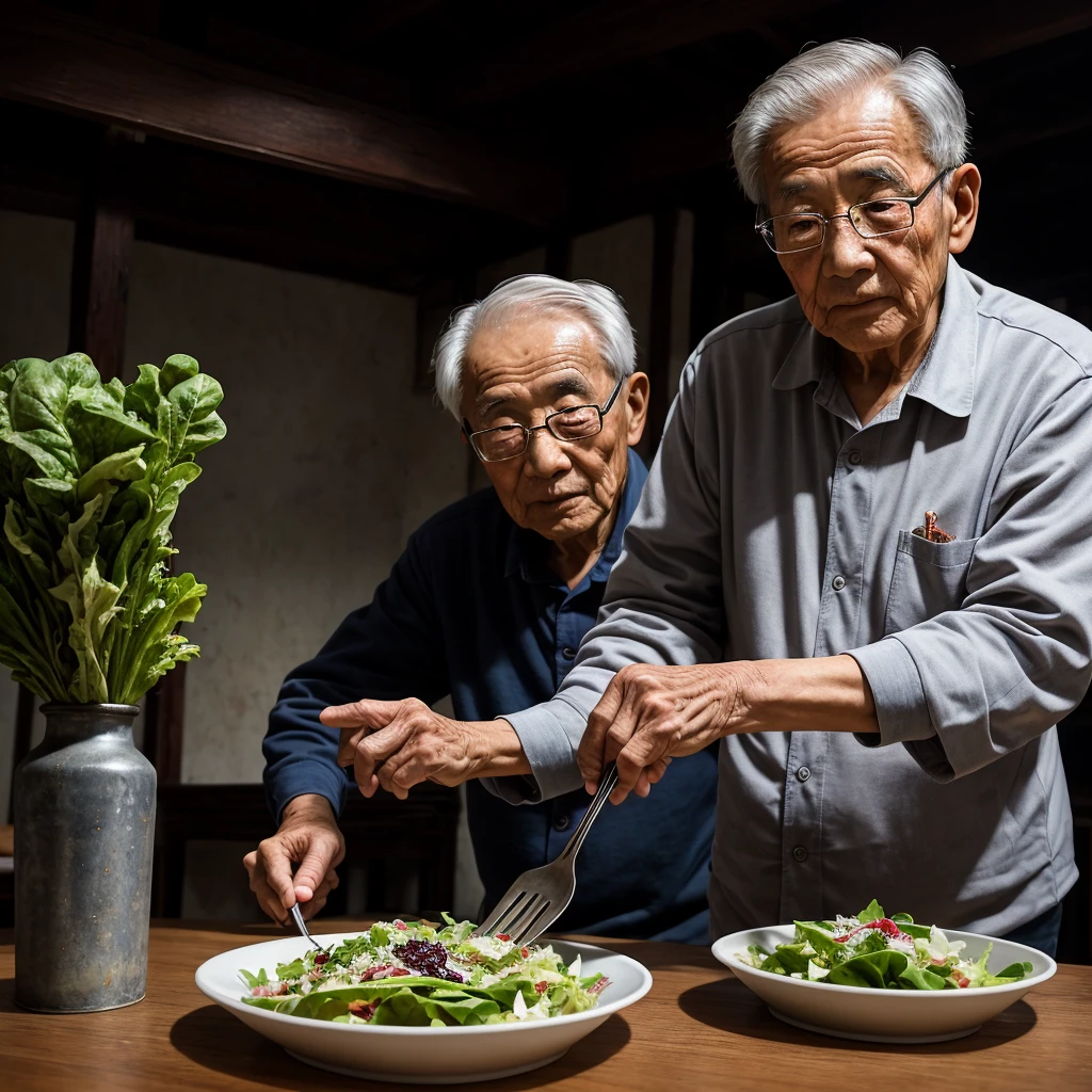 Medium-sized display, Medium shot, Written border depth, Break, Upper Body, angle, masterpiece, angle, (RAW photos, best quality), best quality, Very detailed, CG, 8k wallpaper, Vicissitudes, Older male protagonist，Chinese elderly，80 years old，male，Solitary, Divide salad, Look directly at the audience, front