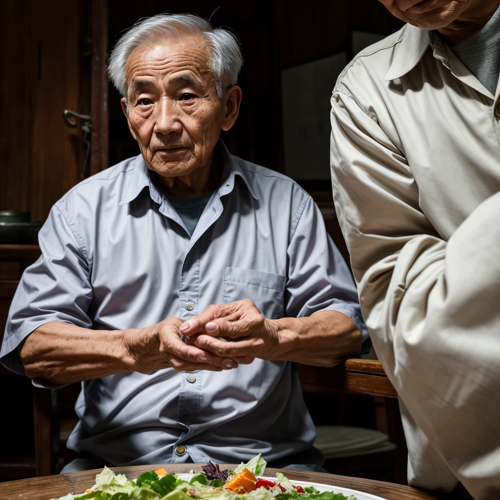 Medium-sized display, Medium shot, Written border depth, Break, Upper Body, angle, masterpiece, angle, (RAW photos, best quality), best quality, Very detailed, CG, 8k wallpaper, Vicissitudes, Older male protagonist,Chinese elderly,80 years old,male,Solitary, Divide salad, Look directly at the audience, front