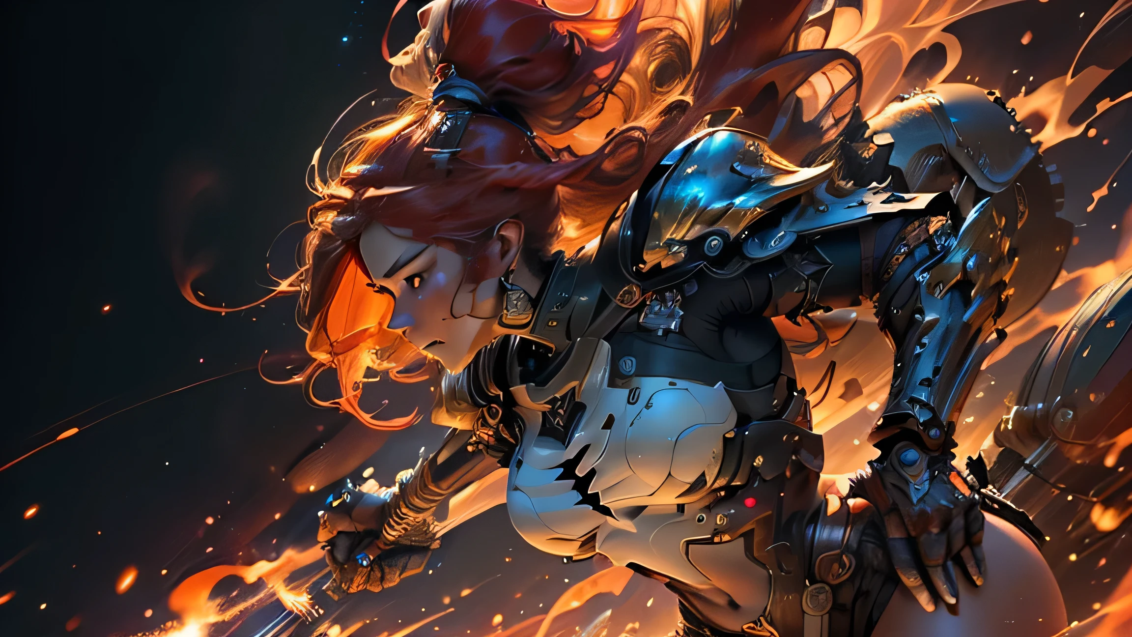 1girl, solo, masterpiece, best quality, 8k, detailed skin texture, detailed polished metal textures, light reflections off of metal surfaces, highly-detailed eyes, extremely detailed face, intricately detailed auburn hair, ultra-detailed mecha exoskeleton, beautifully detailed body, insanely detailed background, bold colors, A stunningly beautiful, extremely fit girl, with a long braided ponytail, wearing full body mechanized body armor is firing two hand cannons. (((Streaks of bright red and orange are coming out of the barrels of both weapons))):1.5 (((along with fire and smoke from the bullets exiting the guns at high velocity))). (She has large bright blue eyes):1.4, (a button nose, perfectly shaped lips):1.2, and (immaculate, flawless, brilliant-white teeth):1.15, ((gritted in determination as she battles her enemies)). (She has a lean waist, an extremely toned midriff, slender thighs, slim calves, and flawless large breasts):1.42, (there are laser bolts and explosions all around her):1.4, and the scene is very (chaotic:1.3), (((detailed line work and delicate, flowing brushstrokes))), giving the art a dreamlike and ethereal quality, the art style is heavily influenced by (traditional Japanese art and calligraphy, as well as Art Nouveau and Surrealism, with intricate patterns, decorative details):1.2, (motifs from nature such as predators, lightning, and fire):1.3. (featuring vivid shades of red, blue, green, and purple, also using silver and gold metallic accents):1.4 (cinematic movie still, masterpiece, best quality, absurd resolution, 8k, Monte Carlo Ray Tracing:1.2, path traced subsurface scattering):1.4, (((HDR, UHD, volumetric lighting, Unreal Engine 5, Unity Engine, Blender, octane render))), (exquisite subject composition and use of lighting:1.4, exceptional, award-winning shading:1.4, sharp focus:1.35, top angle, full body shot, photorealistic):1.4