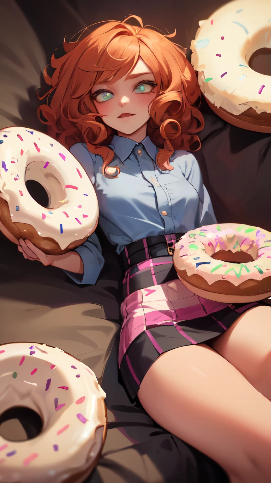 A young lady surrounded by hundreds of different kinds of donuts, squashed in fluffy cushions, colorful, detailed eyes of the young lady, fashionable patchwork shirt and skirt, curly hair style
