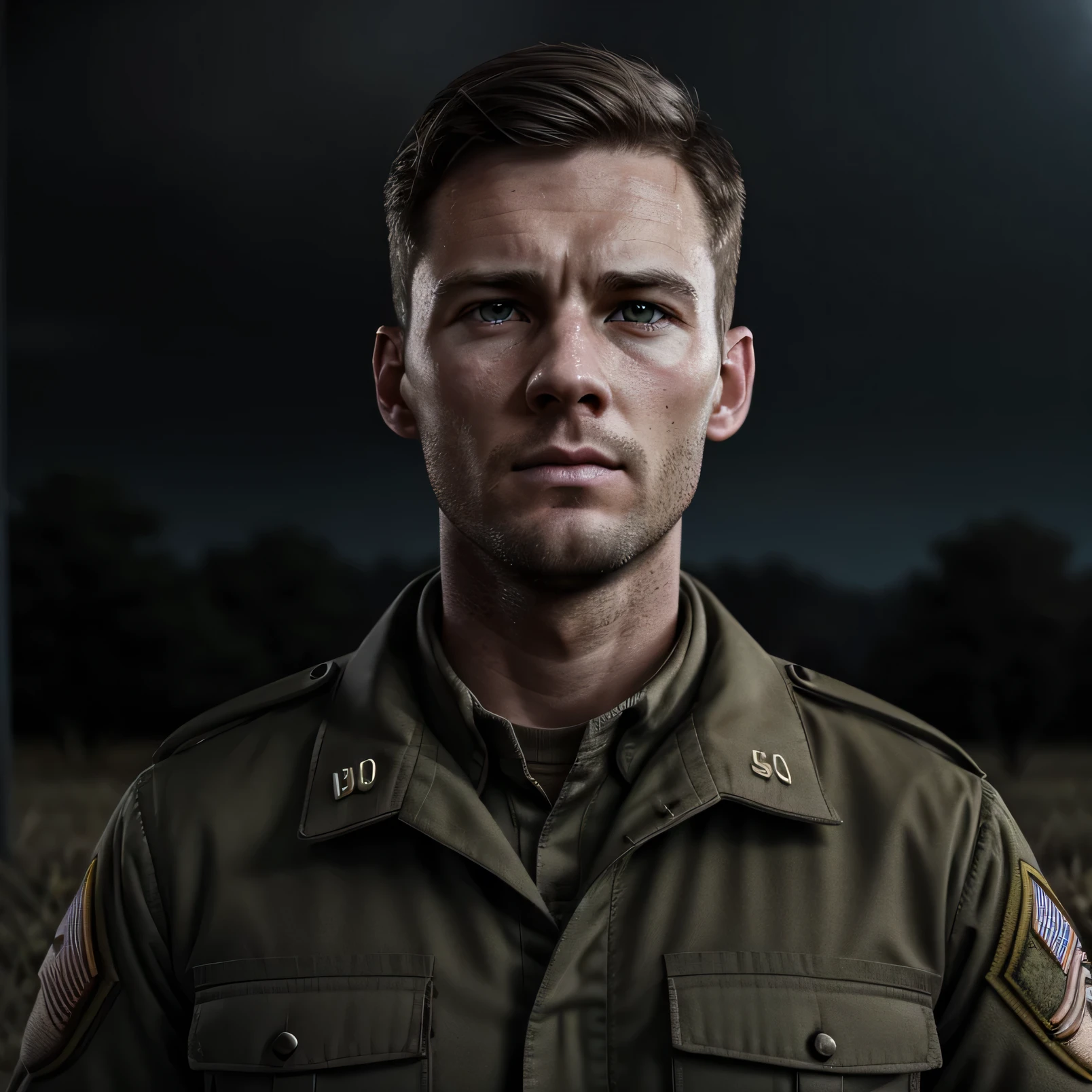 Height 183 cm、White people,30 years old,Brown hair,Lieutenant rank,smokes,bust,Serious expression,American Soldier,Head down,Full of the vicissitudes of war,In the command post,The sky is dark,With light rain,Realistic style,High-definition graphics