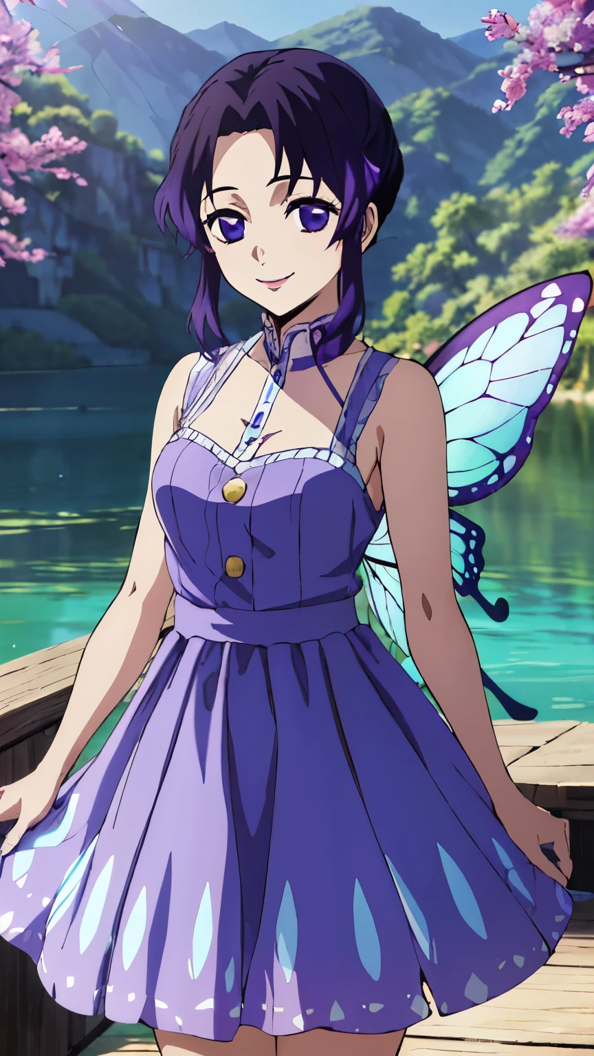 (Top Quality, 8K, High Resolution, Masterpiece: 1.2), Anime, Shinobu Kocho, 1 Girl,solo, Perfect Face, Perfect Eyes, Soft Expression, Medium Breasts, Purple Hair, Short Hair,large butterfly hair clip, Pretty Parted bangs, purple eyes, narrow eyes, ((light blue fairy dress, lake, smile, cowboy shot)), viewer appreciation,