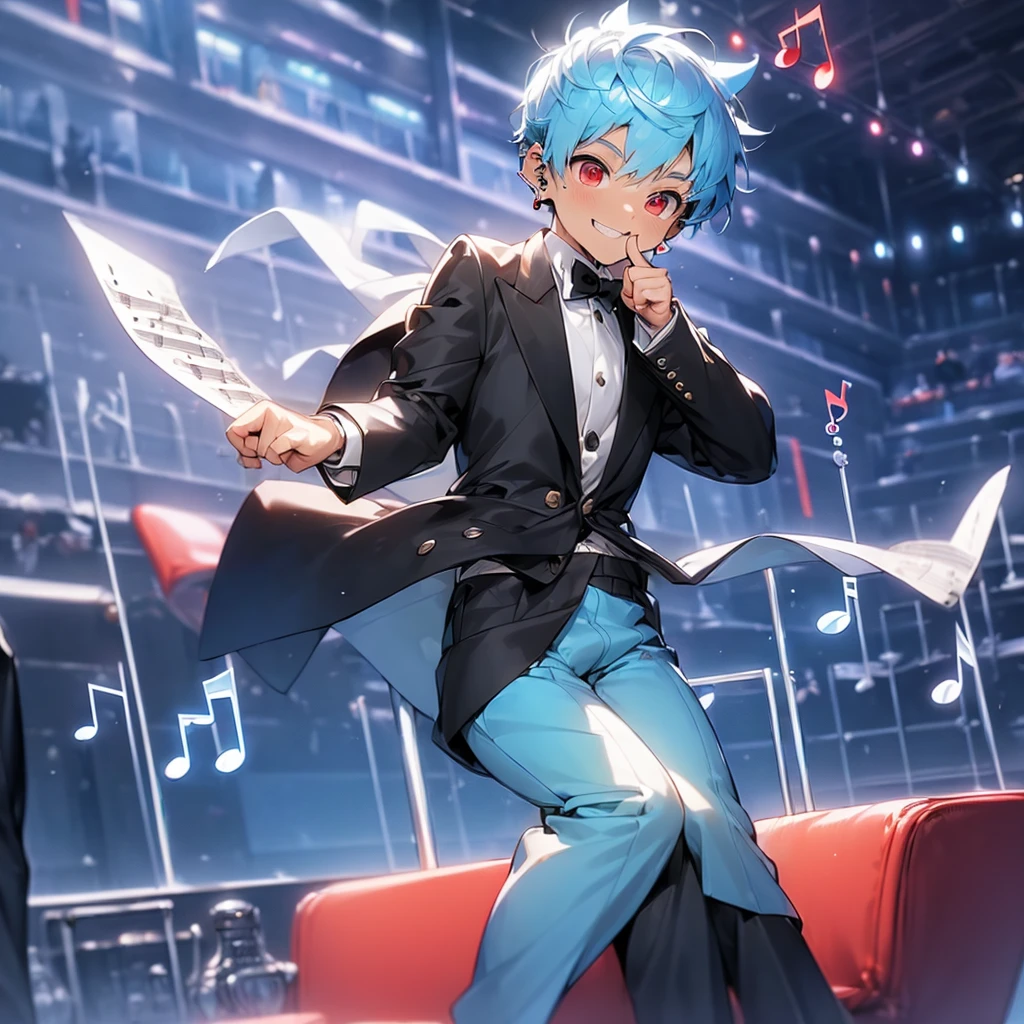 (solo:2.5), (boldline:-1.7), (put index finger on mouth:1.5), (floating musical notes:1.7), (sitting on red chair:1.5), (((fang))), (((best finger))), BREAK (best quality:1.5), (absolutely resolution:1.5), (ultra detailed:1.5), (masterpiece:1.5), (perfect face), (detailed face), (detailed eyes:1.3), (best eyes), (cute face), (shota:2), BREAK (tuxedo:1.5), (bulge:1.6), (skinny:1.3), BREAK (light blue hair:1.5), (spiked hair), (wine red eyes:1.4), (eyes with highlight:1.6), ((mole under eye)), (sweaty skin), (grin:1.5), ((earrings)), (shiny skin:1.3), BREAK (concert hall:1.5), (spot light:1.3), (at concert), (many people), ((wind blowing)), frow below, (upper body),