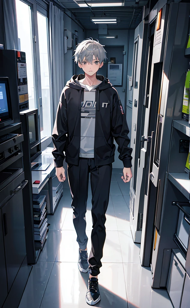 a young man with gray hair, wearing a gray hoodie, gray eyes, and brown pants, in a futuristic, vibrant, high-resolution scene