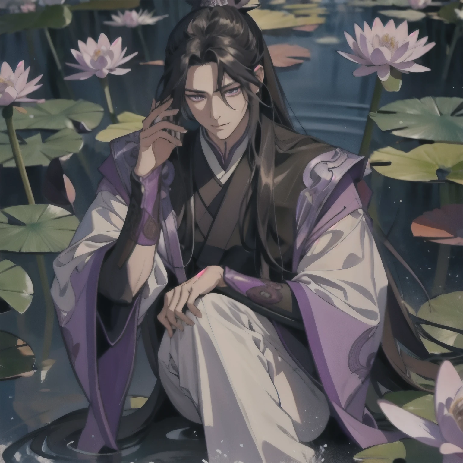 (masterpiece, best quality:1.2), 1male, solo, jiang cheng, mo dao zu shi, mdzs, purple and black clothes, purple eyes, long black hair, perfect anatomy, full body, water lily